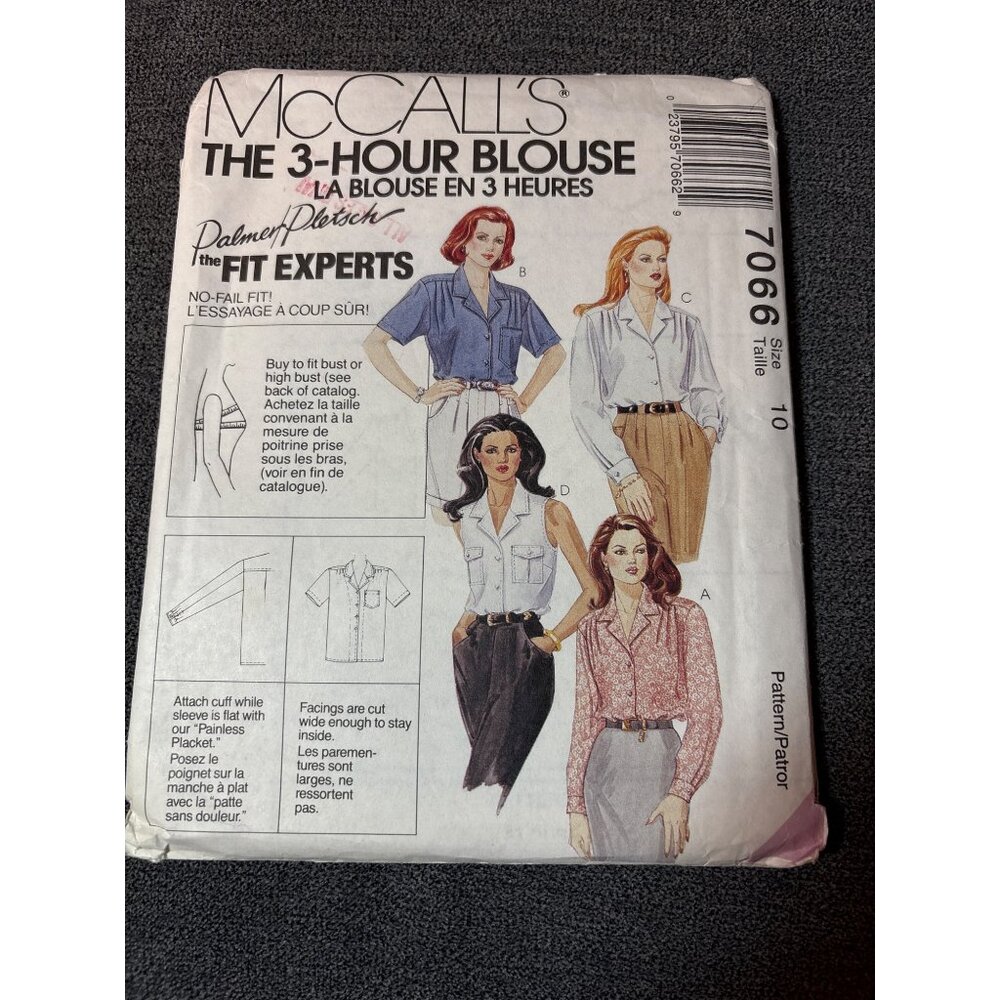 McCalls 7066 3-Hour Blouse Sewing Pattern Size 10 1994 Design Uncut Palmer/Plets